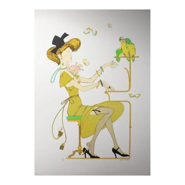 1969 “Young Lady With Parrots” Limited Edition Lithograph by Philippe Noyer