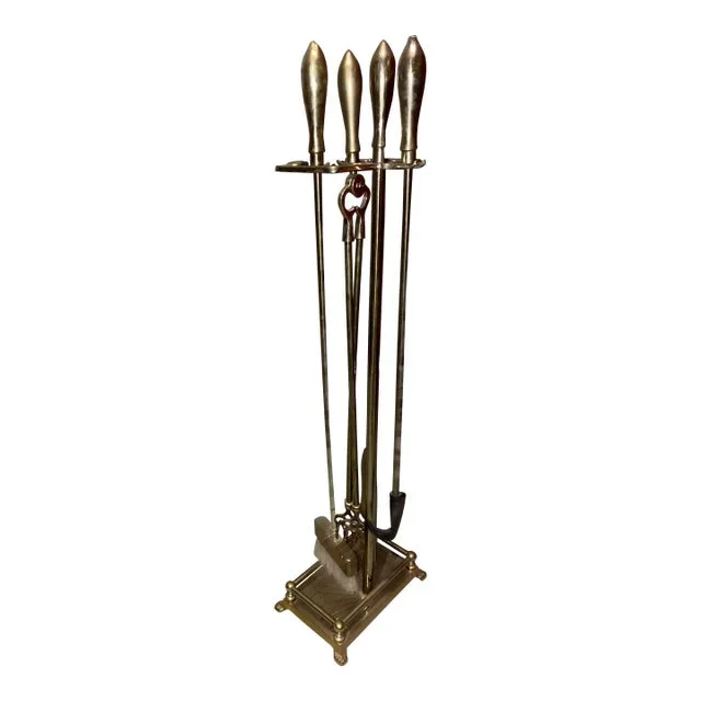 1970s Brass Hollywood Regency Fire Tools Set- 5 Pieces