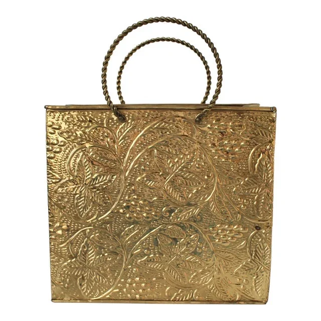 1970s Embossed Brass Shopping Tote Bag Magazine Holder