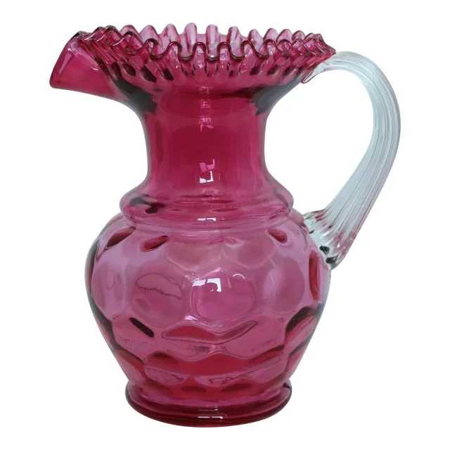 1970s Fenton Cranberry Glass Ruffled Edge Coin Dot Large Pitcher