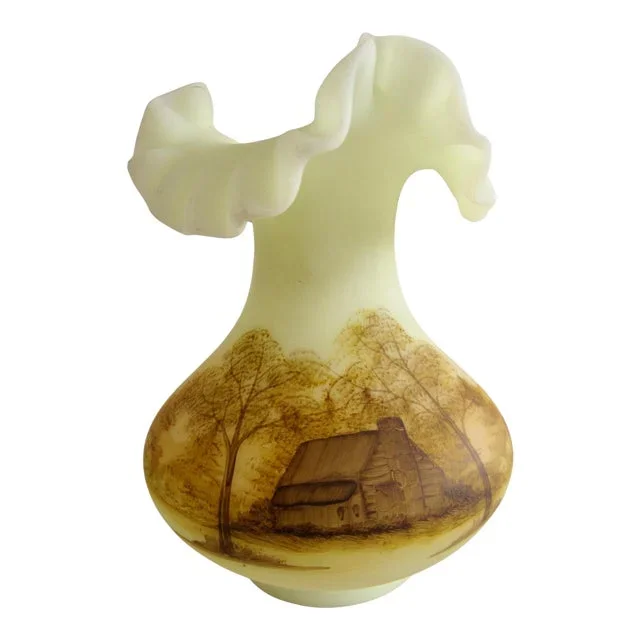 1970s Fenton Hand-Painted Satin Uranium Custard Glass Ruffled Vase Cabin Lasley Signed
