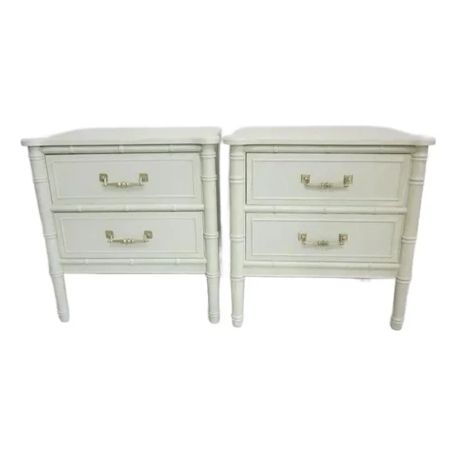 1970s Hollywood Regency Faux Bamboo Nightstand Original Henry Link Two Drawer Sage Set of 2