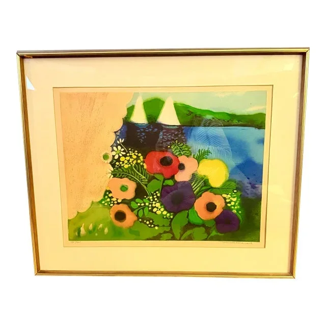 1970s Marcelle Simone Stoianovich Parisian Artist Signed Lithograph Print Flowers and Sailboats