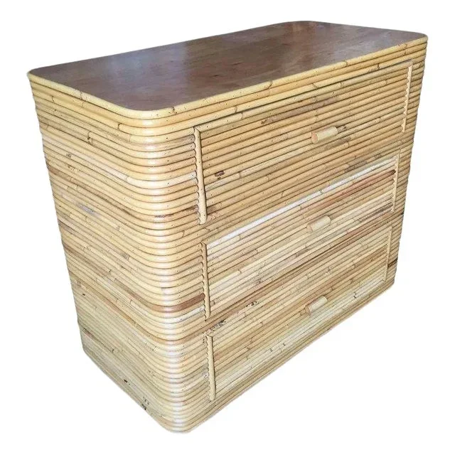 1970s Restored Stacked Stcik Reed Rattan Lowboy Dresser With Mahogany Top