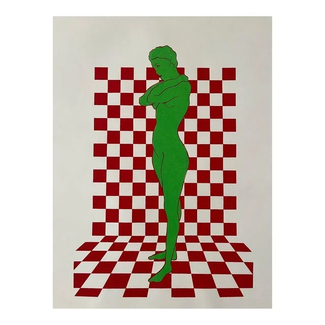 1970s Silkscreen “Woman on Checkered Background Red & Green”