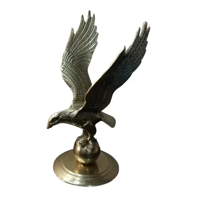 1970s Solid Brass Soaring Eagle on Pedestal Sculpture