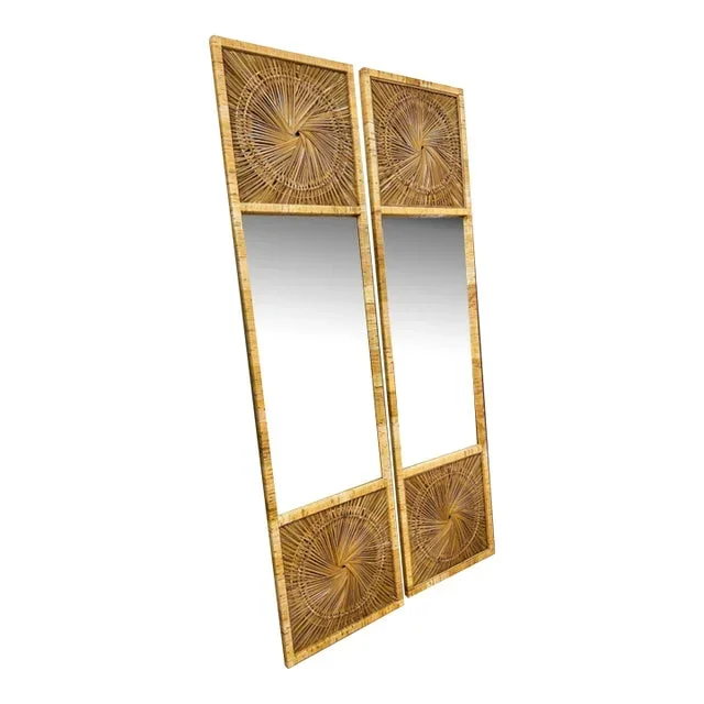 1970s Sunburst Rattan Mirror Panels – Set of 2