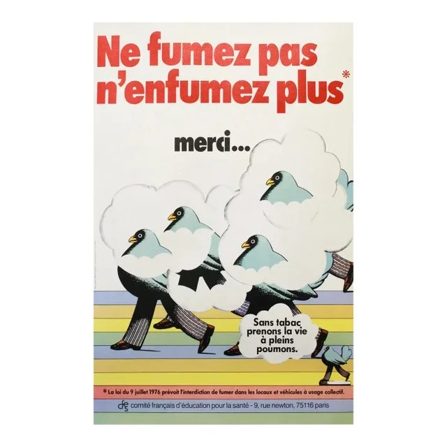 1976 Original French Poster Against Smoking – “Ne Fumez Pas, N’enfumez Plus* Merci…” – Linen Backed