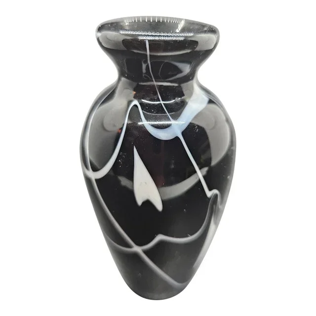 1980’s Fenton Black Amethyst Art Glass, White Hanging Hearts Vase