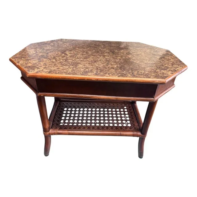 1980s Bombay Company Side Table With Hidden Drawer and Lower Caned Shelf.