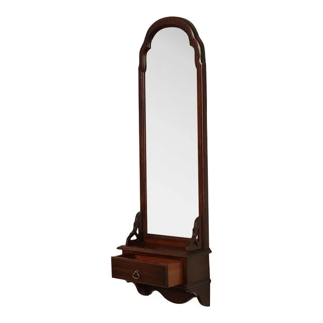 1980s Ethan Allen Georgian Court Cherry Wall Mirror With Drawer