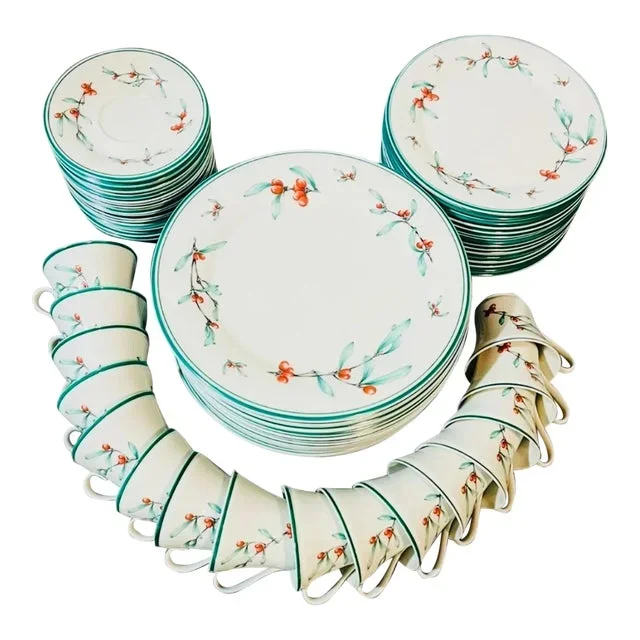 1980s Homecoming Dinnerware Set by Gorham Red Berries, Green Leaves & Trim – Set of 66