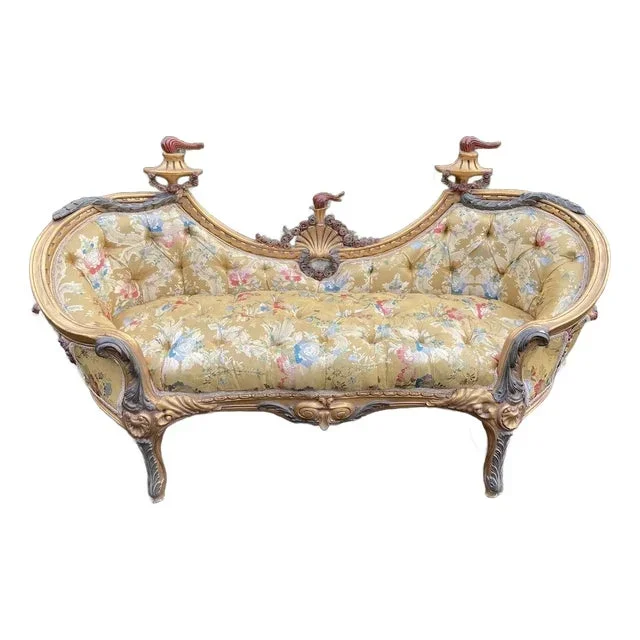1980s Louis XVI Gold Damask Beech Settee – French Style