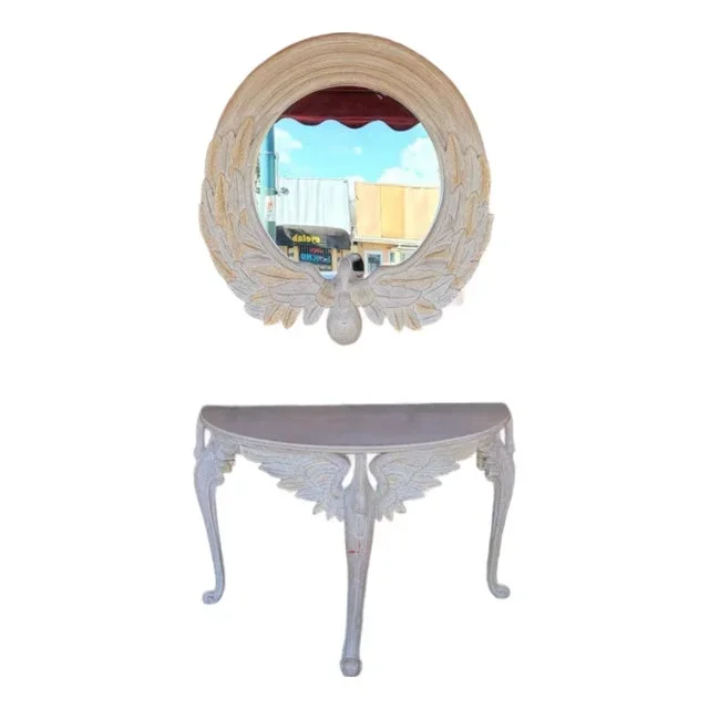 1980s Modern Carved Wood Demi Lune Console Table With Round Wall Mirror