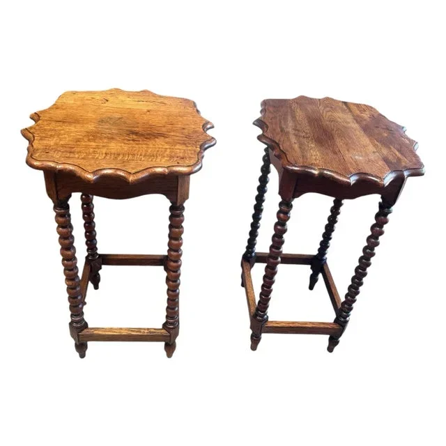 1980s Pair of Oak Side Tables With Barely Twist & Pie Crust Edge.