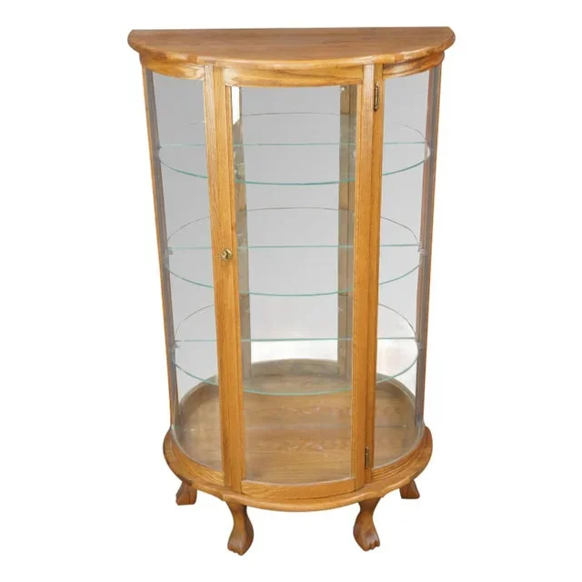 1980s Victorian Revival Bow Front Oak Curio China Display Cabinet Empire Paw Foot