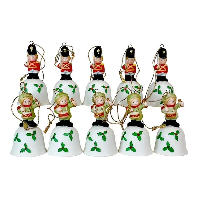 1980s Vintage Americana Porcelain Christmas Bell Ornaments – Set of 10