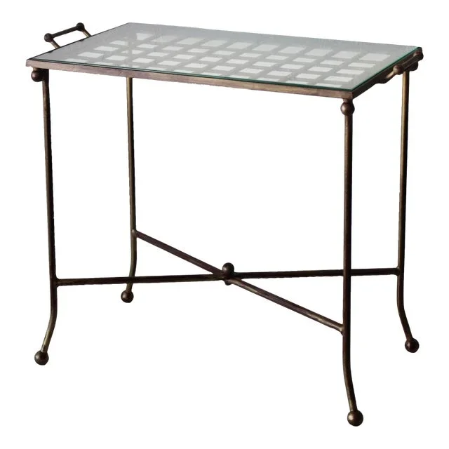 1980s Vintage French Style Gilded Painted Patina Metal Glass Tray Top Side Table