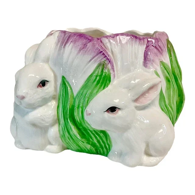 1980s Vintage Hollywood Regency Ceramic Violet Tulip and Bunnies Planter.