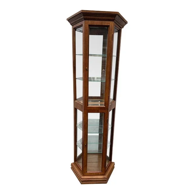 1980s Vintage Lighted Wooden Curio Display Cabinet With Glass Doors & Adjustable Glass Shelves