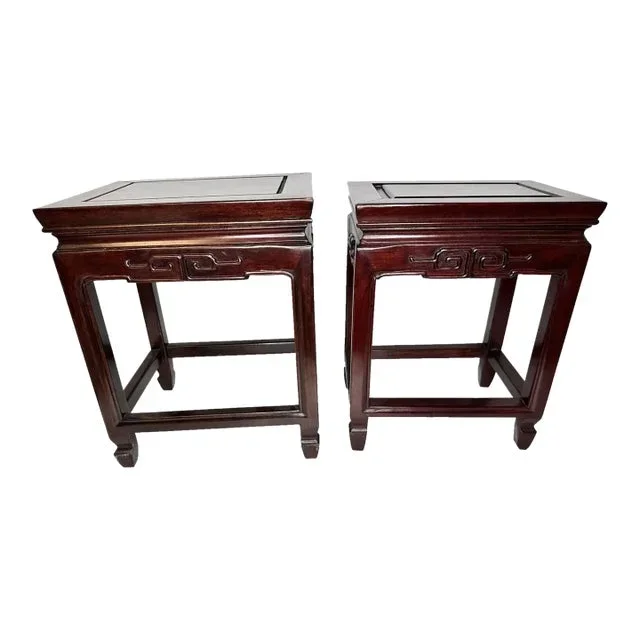 1980s Vintage Ming Dynasty Style Chinese Mahogany Wood End Tables – a Pair