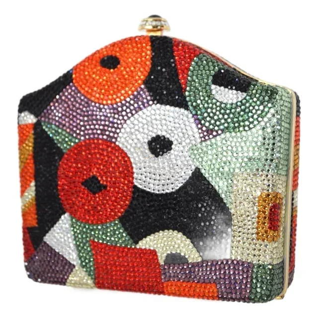 1990 Judith Leiber Evening Bag Vintage Pop Art Deco Red Black Green Gold Crystal Minaudière Clutch Shoulder Vintage