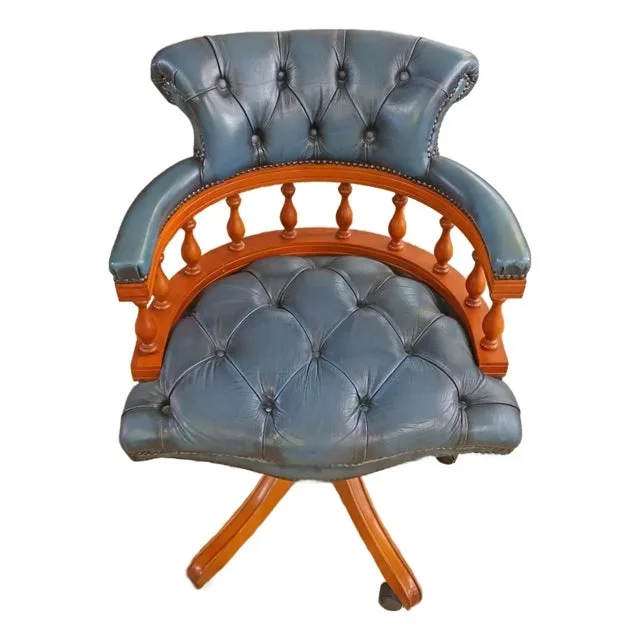 1990s English Blue Chesterfield Style Tufted Leather Captains Chair Office Chair
