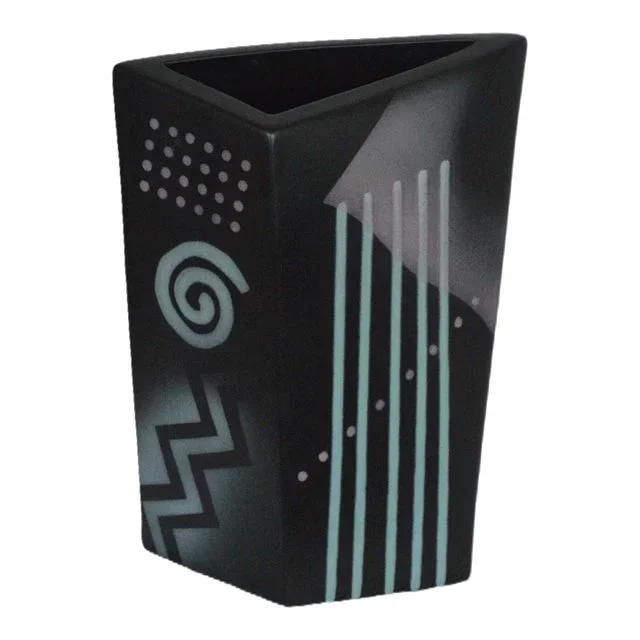 1990s John Bergen Satin Black Triangular Shape Ceramic Vase