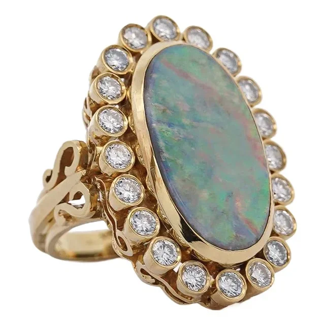 1990s Oval Boulder Opal & 2 Carat Round Cut Diamond Halo 18k Gold Vintage Ring, Size 6
