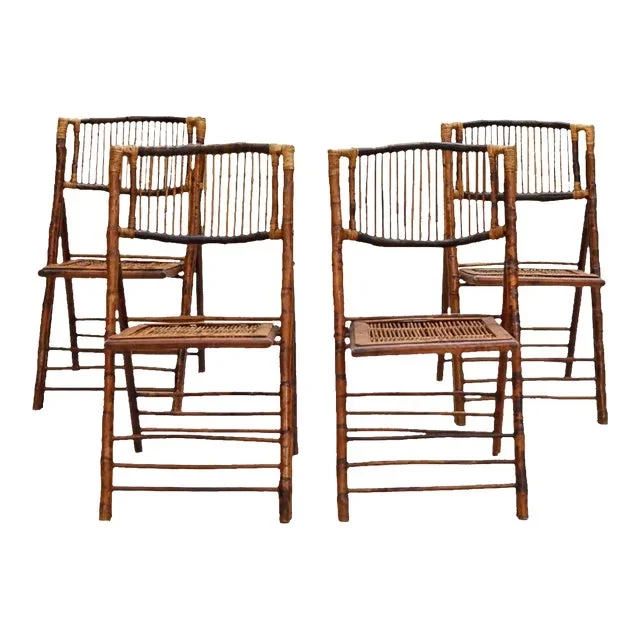 1990s Rattan Folding Chairs Set of 4 Vintage Burnt Bamboo Finish Dining Side Chairs