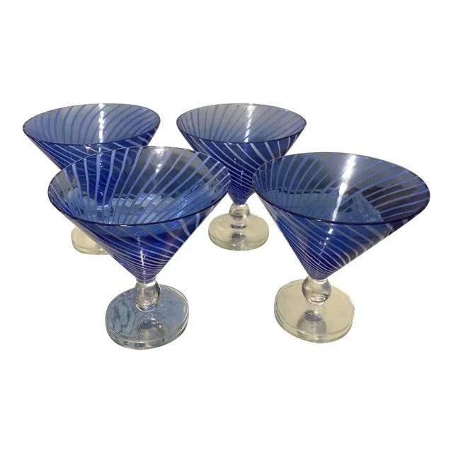 1990s Set of 4 Italian Post Modern Cobalt Blue & White Spiral Martini Glasses