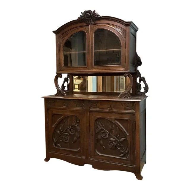 19th-C. French Organic Art Nouveau Carved Oak Floral China Cabinet / Sideboard / Hutch