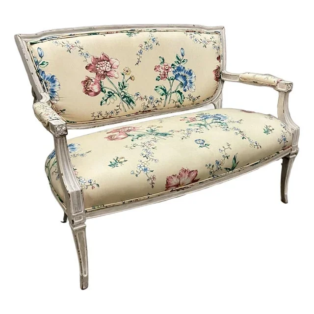19th C. French Painted Loveseat or Settée in Polish Cotton Upholstery