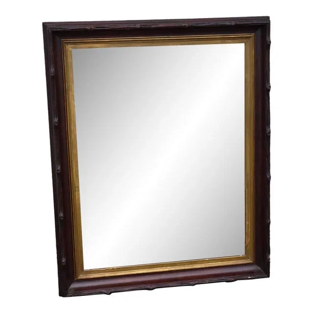 19th Century Antique Walnut Mirror Hand Carved Frame With Gilded Inner Trim