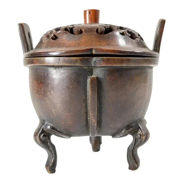 19th Century Chinese Bronze Incense Burner Censer With Carved Lid