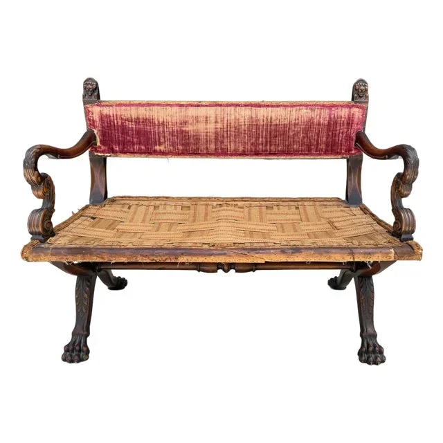 19th Century Italian Renaissance Style Carved Walnut Settee With Lions Head Finials