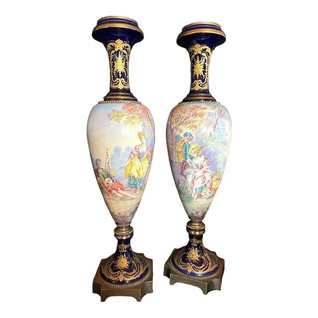 19th Century Sevres Louis XVI Blue Gilt Porcelain Vases- a Pair