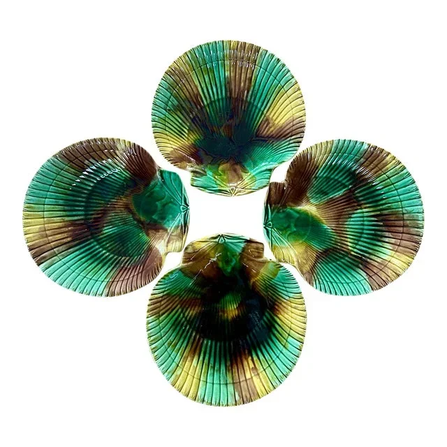 19th Century Tortoiseshell Majolica Shell Plates ~ Set of 4