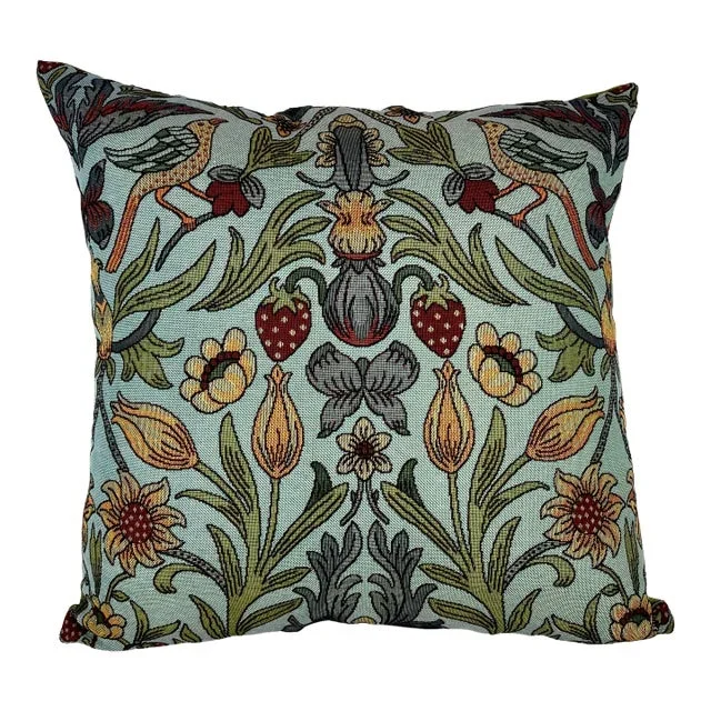 20″ Square Decorative Throw Pillow Embellished With a Renaissance Tapestry Look Floral Pattern Including Birds & Strawberries – Made in the U K