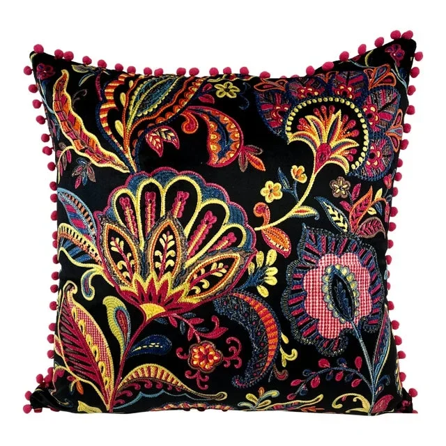 20″ Square Decorative Throw Pillow With a Modern Paisley Floral Pattern in Bright Pinks, Yellows & Blues Framed by Bright Pink Pom-Poms