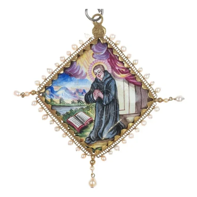 20ct Gold Antique Spanish Colonial Religious Enamel Pendant With Natural Pearls