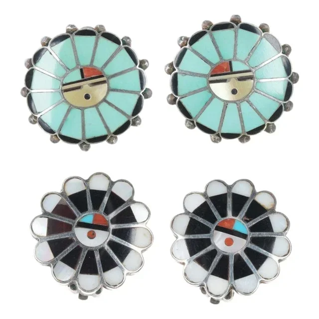 2pr Vintage Zuni sterling sunface multi-stone inlay clip-on earrings