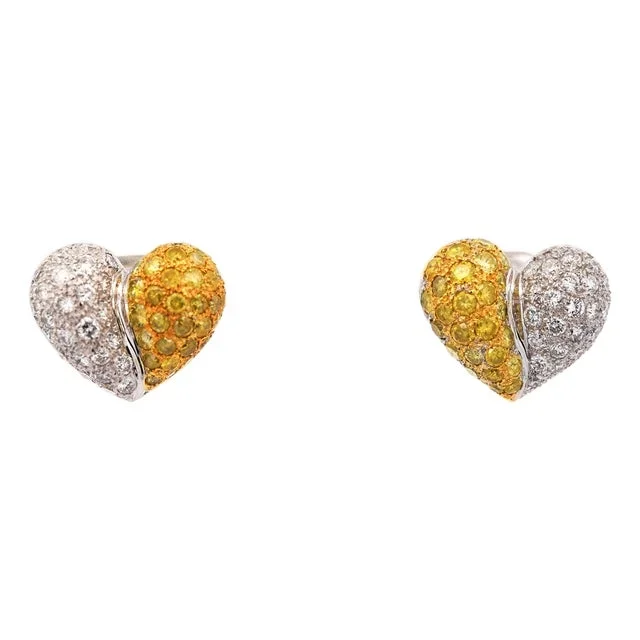 3.85 Carat Yellow & White Diamond 18k White Gold Pave Stud Heart Earring, A Pair