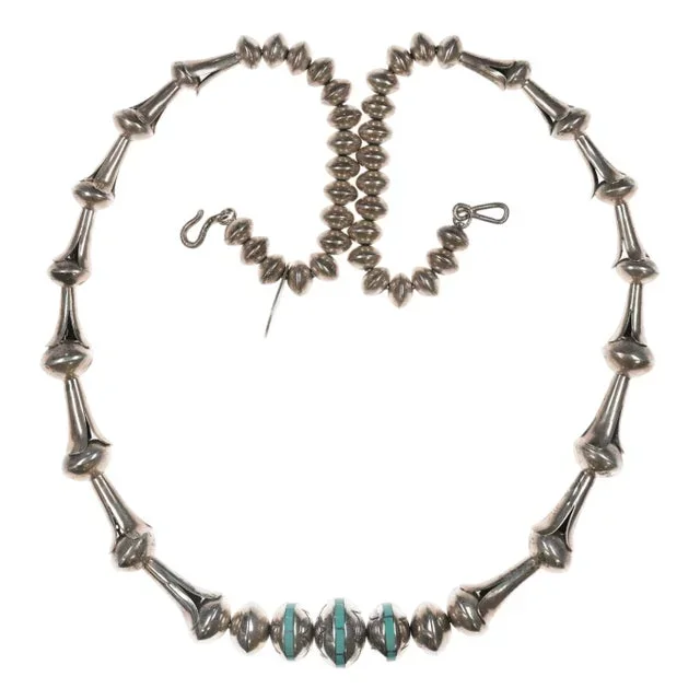 30″ Orville Tsinnie 11mm-22mm Navajo Pearl Necklace With Channel Inlay Turquoise.