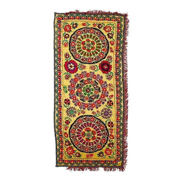 4.5×10 Ft Silk Hand Embroidered Wall Hanging, Suzani Tablecloth, Boho Wall Decor
