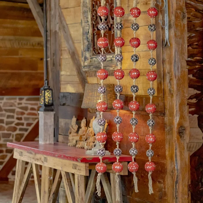 74″ Long Fisherman Garland with Ceramic Sailor Balls and Rope “Ahma” – Red, Blue