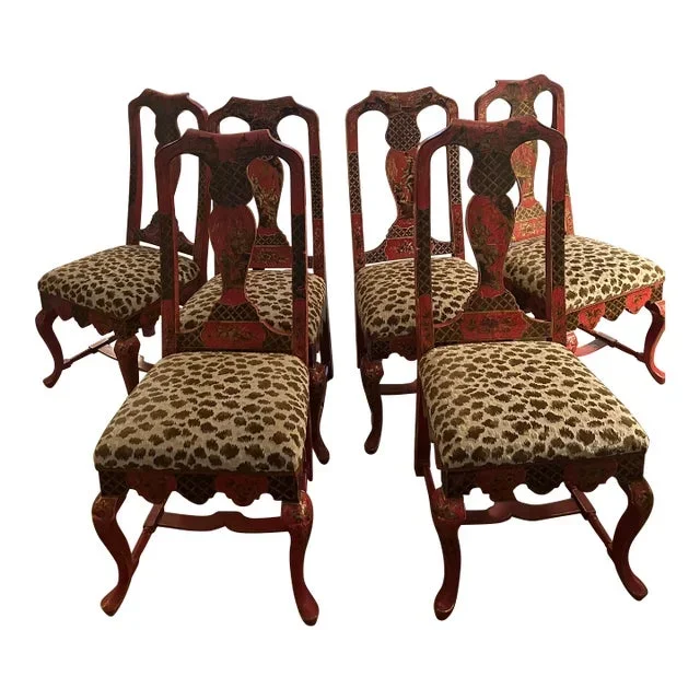 8 Gillow’s of Lancaster Queen Anne Style Red Painted Chinoiserie Dining Chairs in Scalamandre Leopard Fabric