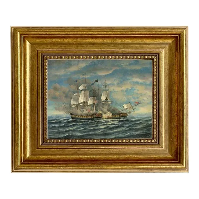 “Battle Between Uss Constitution and Hms Guerriere” Contemporary Nautical Canvas Reproduction Print, Framed 7.5×9.5