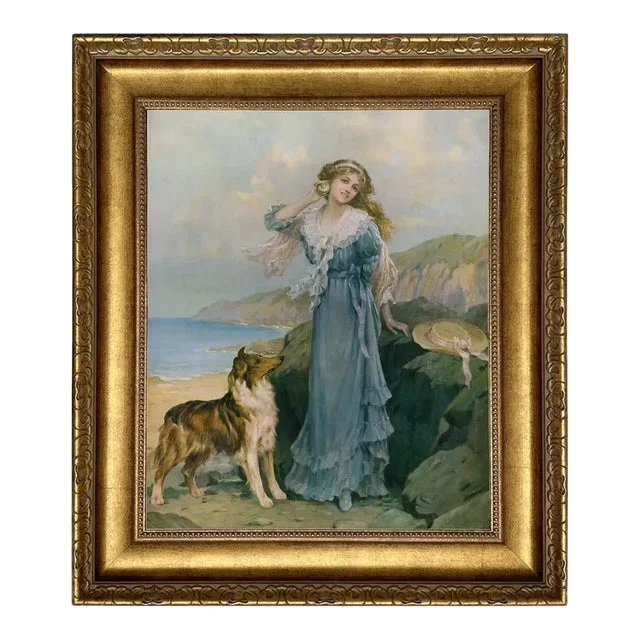 “By the Seaside” Victorian Woman and Collie Print on Canvas, Framed to 22″ X 26″