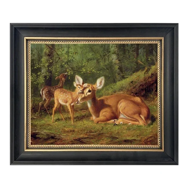 “Doe and Twin Fawns” Contemporary Reproduction Print on Canvas by Arthur Fitzwilliam Tait, Framed in Black and Gold